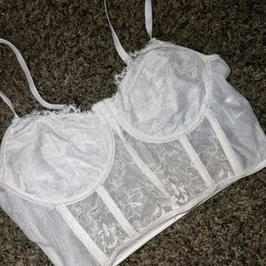 Lace Longline Bustier Bralette Top – White, Size Large